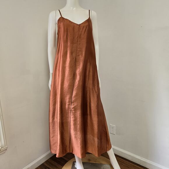 Peruvian Connection Midi Dress Size M Copper Rust Lined 100% Silk Strappy Layer - Picture 1 of 9